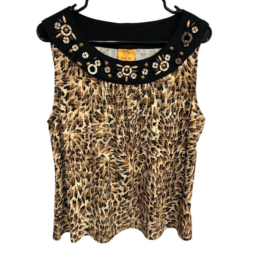 Ruby Rd. Petite Sleeveless Animal Print Top Embellished Black Collar Sz PXL
